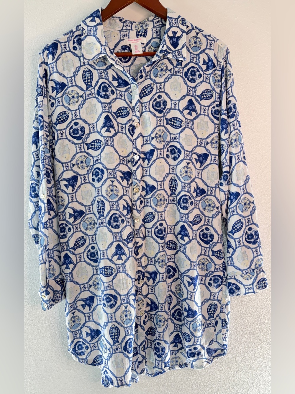 Boho Blue Mosaic Fish Print Button Front Tunic Cover Up Coastal Linen Blend Vaca